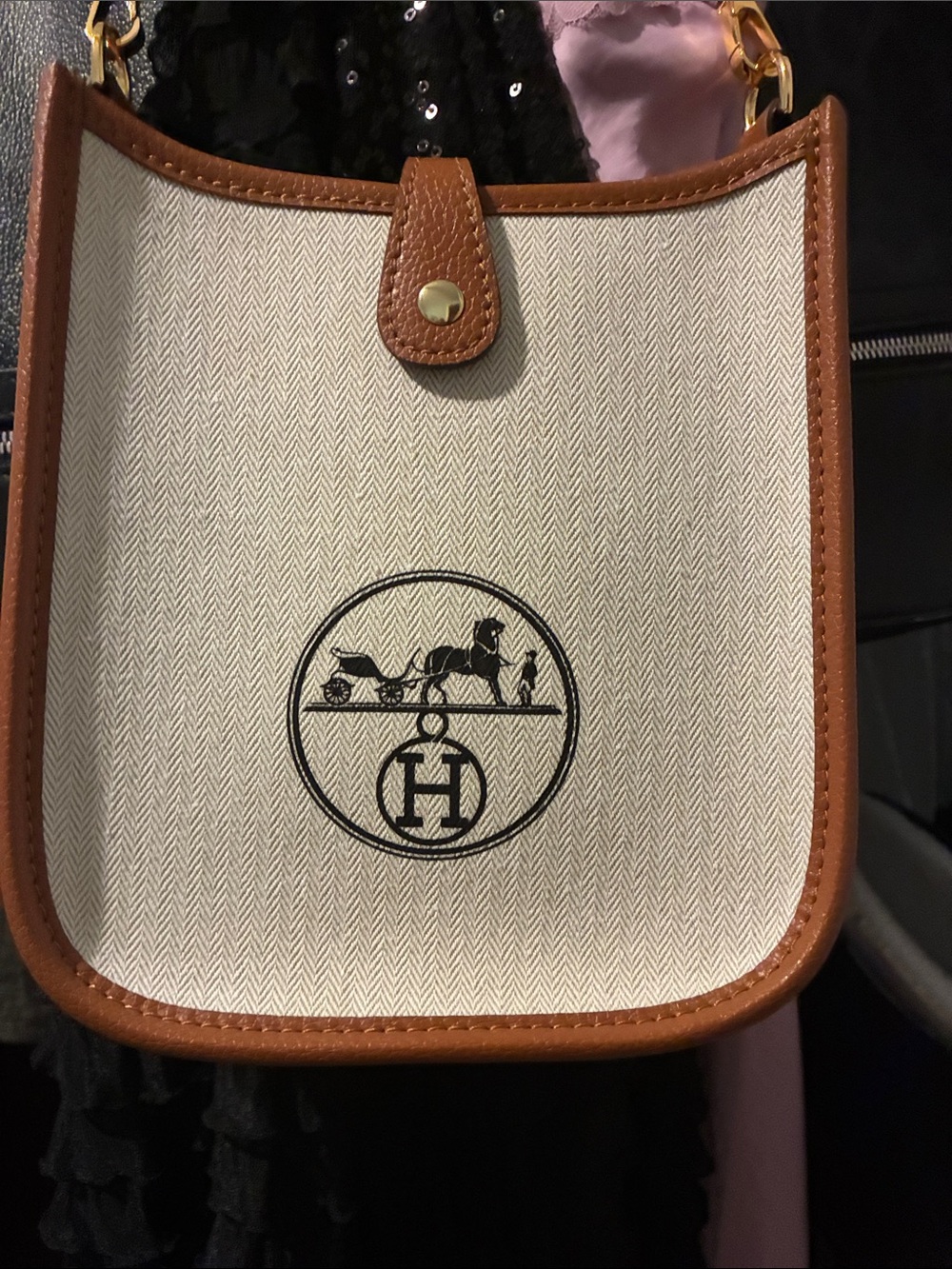 No Brand Cream Canvas Crossbody with Brown Leather Trim